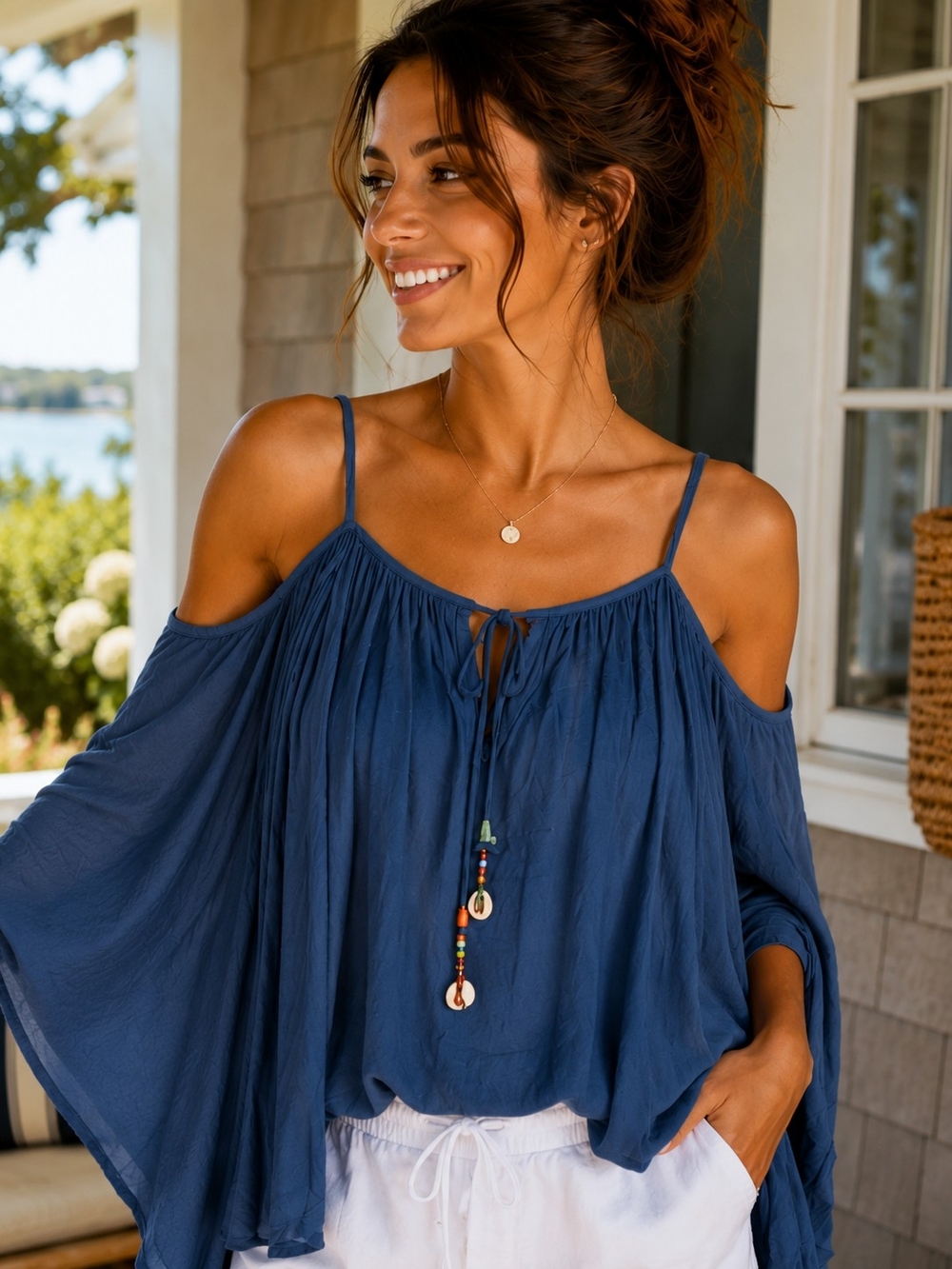 MORA Boho Top Women's Size LARGE Blue Flowy Peasant Festival